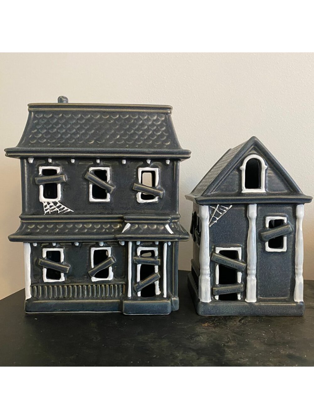 NEW Pottery Barn Ceramic Haunted Houses 2 Pc SET Small-Medium Halloween Decor